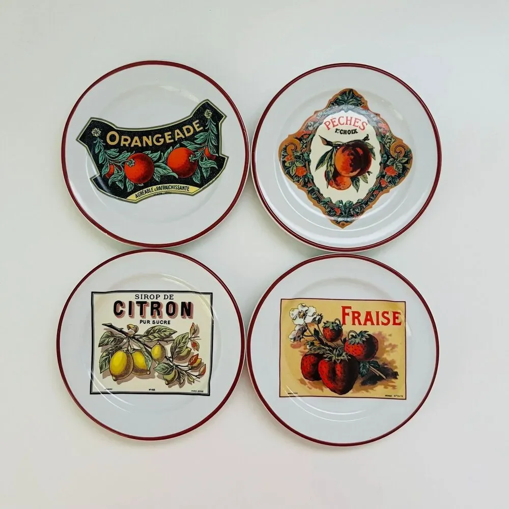 WILLIAMS SONOMA Rosanna Red Rim Harvest Market Appetizer Plates, Set of 4